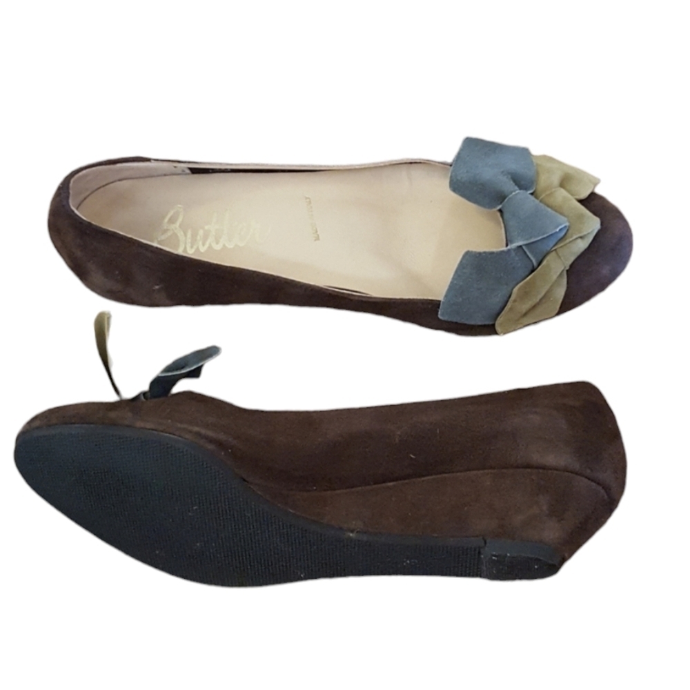 Butler Suede‎ Bow Wedge Flats Chocolate Brown Made in Italy Women Size 7